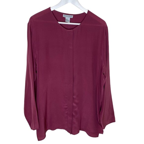 Vintage 80s 90s 100% Silk Purple Long Sleeve Tunic Length Blouse, Size Large - Picture 1 of 8